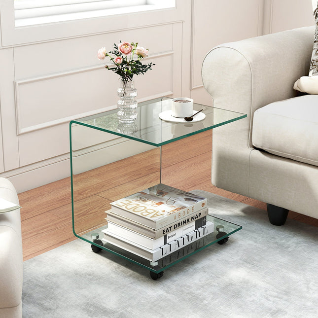 C-Shaped End Table Modern Tempered Glass Side Table with Shelf