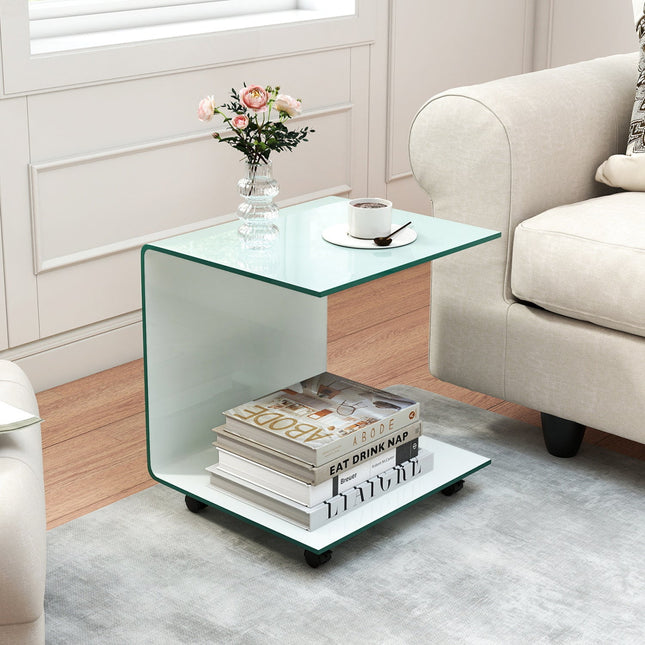 C-Shaped End Table Modern Tempered Glass Side Table with Shelf