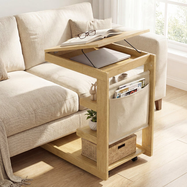 C-shaped End Table with Wheels and Adjustable Desktop for Sofa Couch Bedside