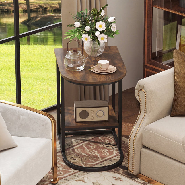 C-Shaped Side Table with Storage Shelf and Marble Top