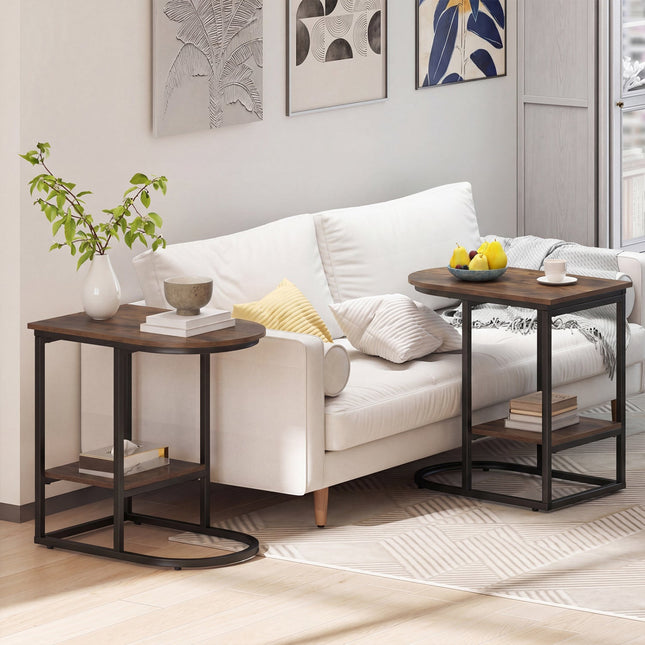 C-Shaped Side Table with Storage Shelf and Marble Top