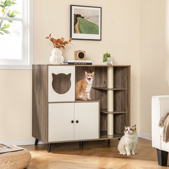 Cat Litter Box Enclosure with Scratching Posts and Platform