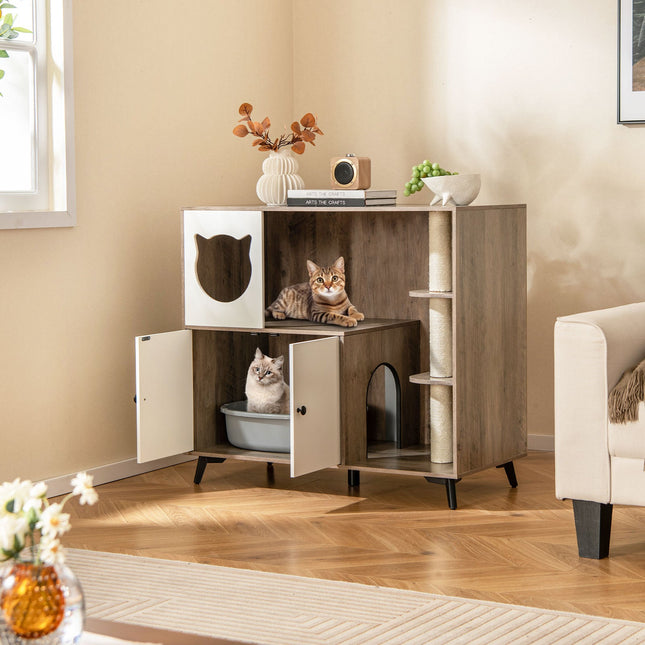Cat Litter Box Enclosure with Scratching Posts and Platform