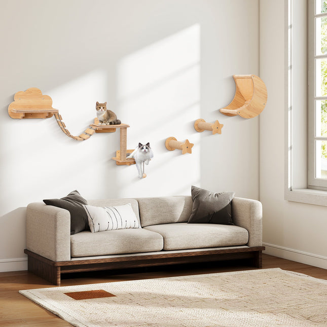Cat Wall Furniture Set Kitten Wall Mounted Shelves with Hammock-Natural