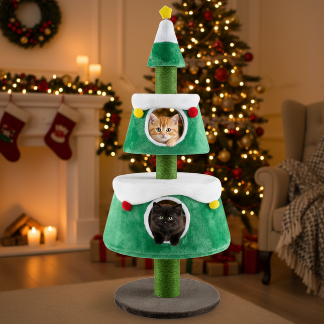 Christmas Cat Tree for Indoor Cats Cute Holiday Cat Tower with 2 Condos-Green