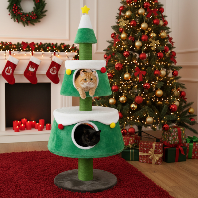 Christmas Cat Tree for Indoor Cats Cute Holiday Cat Tower with 2 Condos-Green