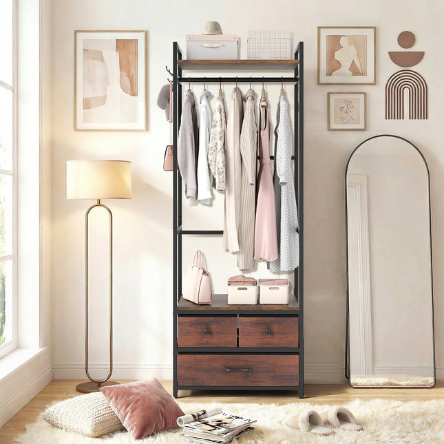 Clothes Rack with Drawers and Shelves with Side Hooks and Metal Frame-Rustic Brown