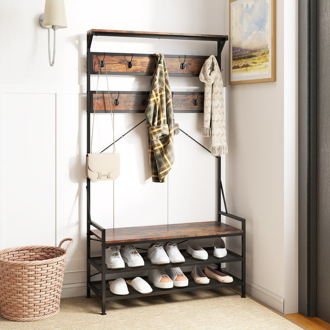 Coat Rack 4-In-1 Hall Tree with 11 Hanging Hooks Shoe Bench