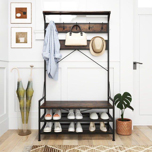 Coat Rack 4-In-1 Hall Tree with 11 Hanging Hooks Shoe Bench