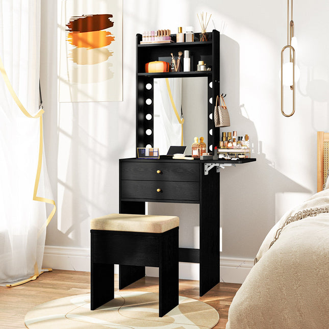 Compact Vanity Desk Set with 3-Color Lighted Mirror and Power Outlets