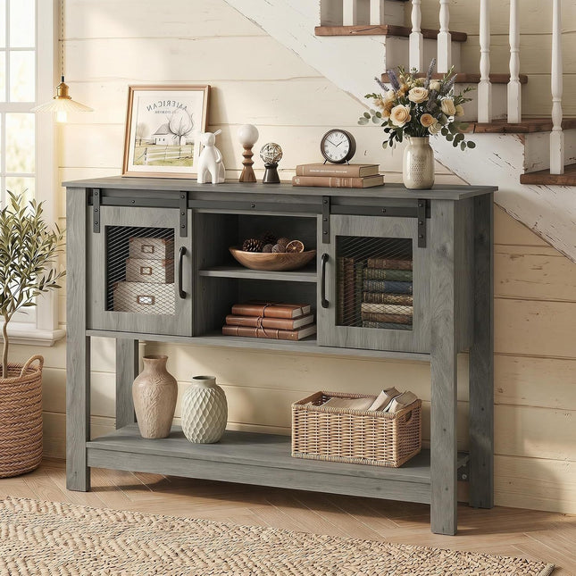 Console Table with Sliding Barn Doors and Storage - Gray