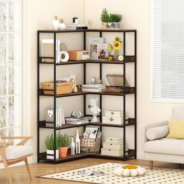 Corner Bookshelf 5-Tier L-Shaped Bookcase Etagere Bookshelf with Metal Frame