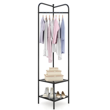 Corner Coat Rack with Top Hanger and 2 Mesh Shelves for Entryway Hallway Living Room Bedroom