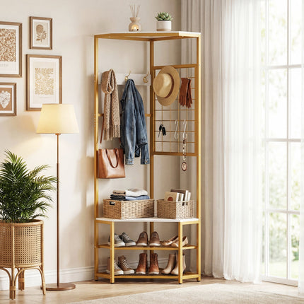 Corner Hall Tree Freestanding Coat Rack with Storage Shelves Removable Hooks