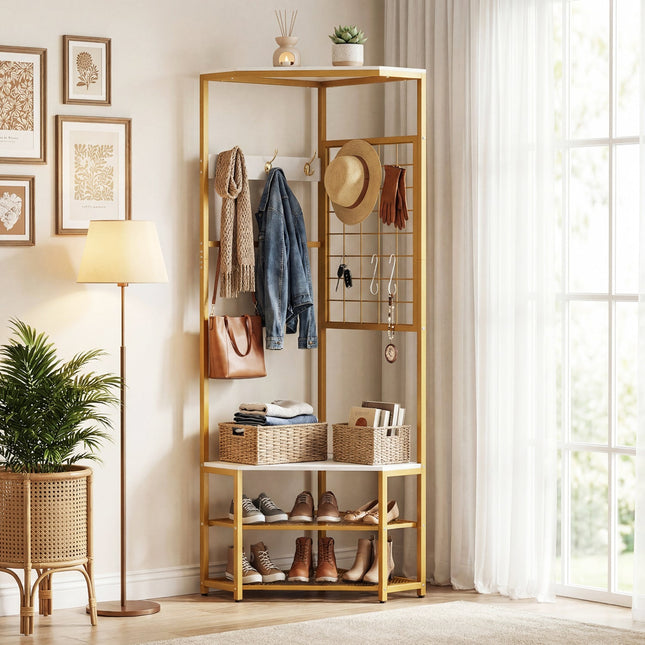 Corner Hall Tree Freestanding Coat Rack with Storage Shelves Removable Hooks