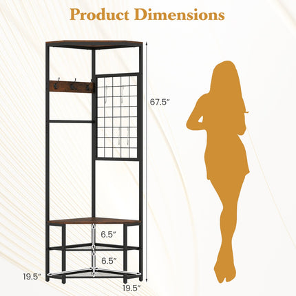 Corner Hall Tree Freestanding Coat Rack with Storage Shelves Removable Hooks