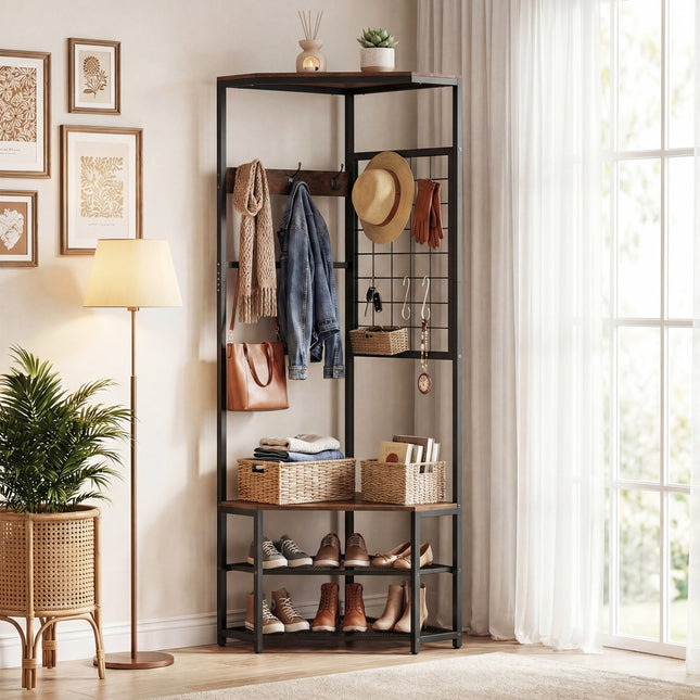 Corner Hall Tree Freestanding Coat Rack with Storage Shelves Removable Hooks