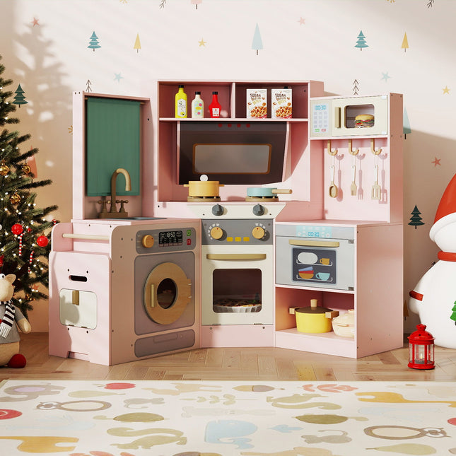 Corner Kitchen Toys with Lights and Sounds with Pull-out Trash Can and Stoves
