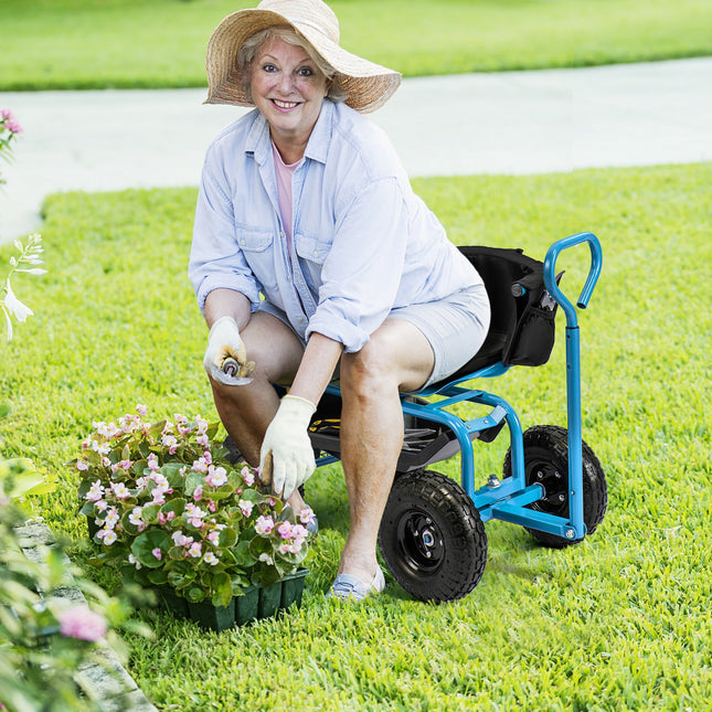 Cushioned Rolling Garden Cart Scooter with Storage Basket and Tool Pouch