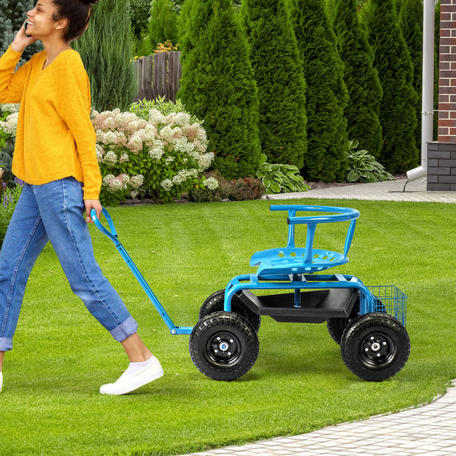 Cushioned Rolling Garden Cart Scooter with Storage Basket and Tool Pouch