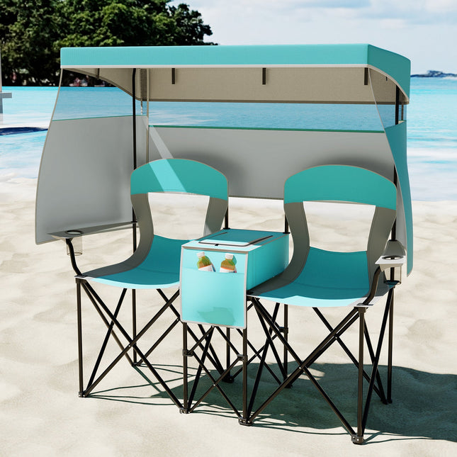 Double Beach Chair with Adjustable Canopy and 3 -Side Shading Curtains