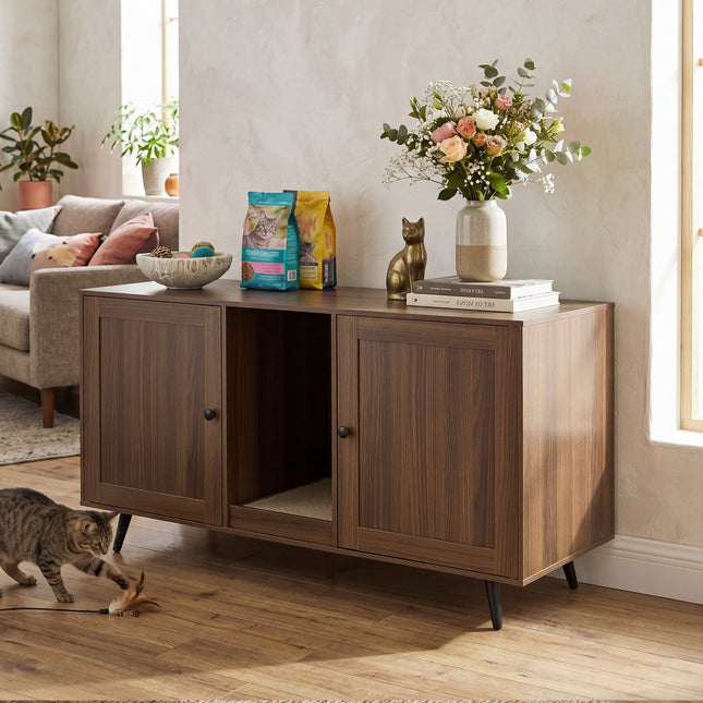 Double Cat Litter Box Enclosure with Scratching Pad