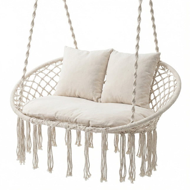Double Swing Chair with Cushions Macrame Hanging Hammock Chair for Indoor and Outdoor Use