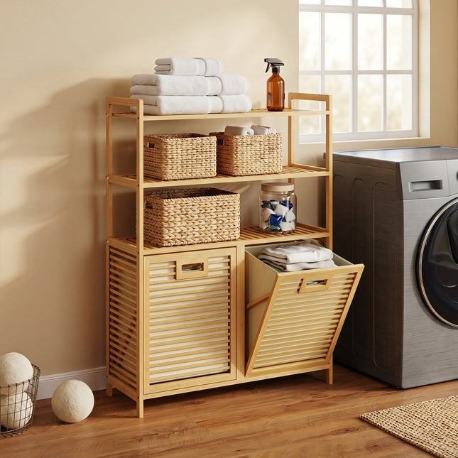 Double Tilt-Out Laundry Hamper with 3 Shelves & Baskets