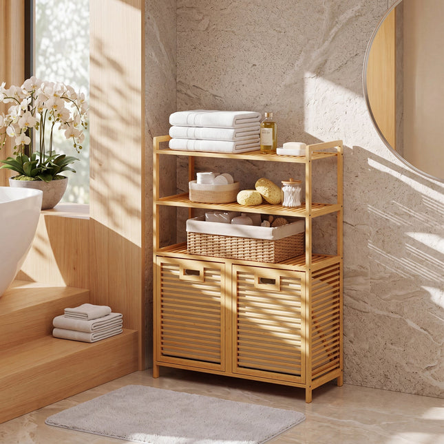 Double Tilt-Out Laundry Hamper with 3 Shelves & Baskets