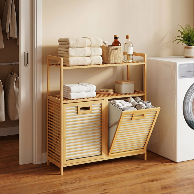 Double Tilt-Out Laundry Hamper with 2 Shelves - Natural Bamboo