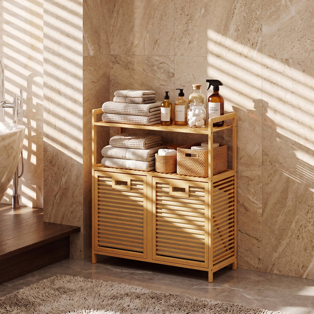 Double Tilt-Out Laundry Hamper with 2 Shelves - Natural Bamboo