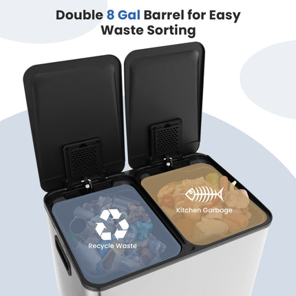 2 x 8 Gal Dual Compartment Trash Can-Silver