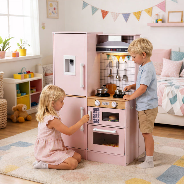 Dual-Sided Kids Play Kitchen with Water Dispenser and Range Hood for 3+ Years Old