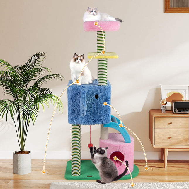 Elephant Themed Cat Tree for Adult Cats Multi-level Kitty Tower with 2 Condos
