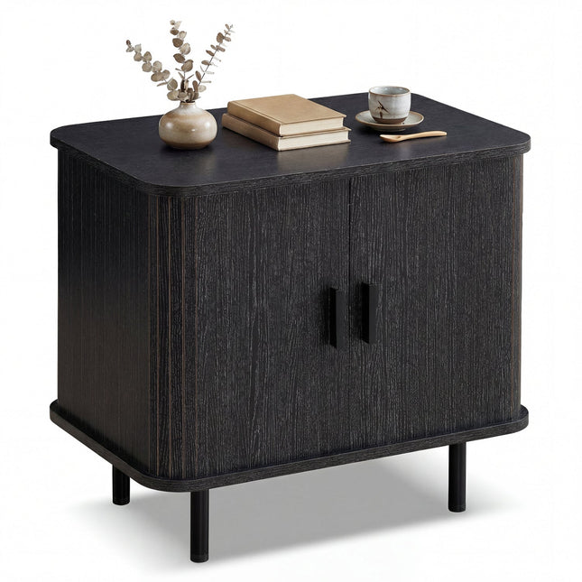 End Table Modern Mid Century Nightstand with Sliding Tambour Doors and Storage Shelf