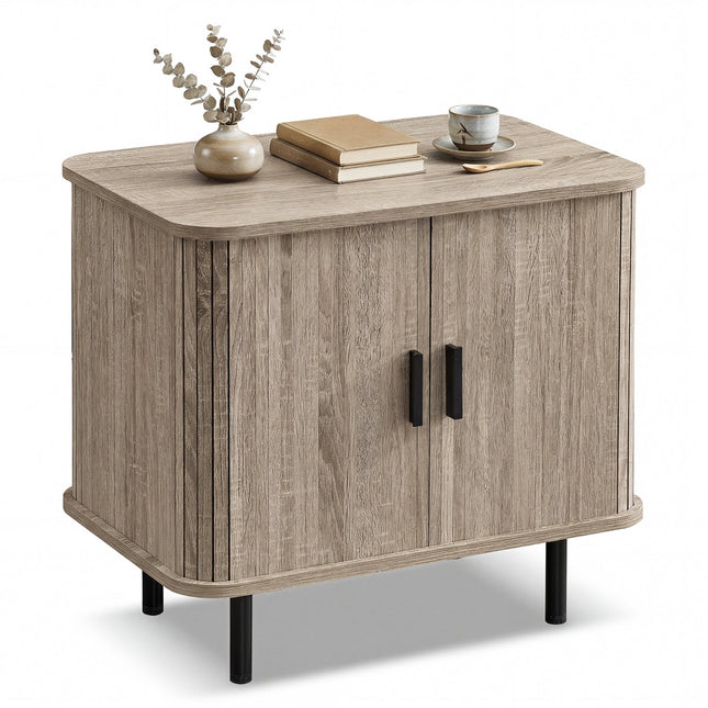 End Table Modern Mid Century Nightstand with Sliding Tambour Doors and Storage Shelf