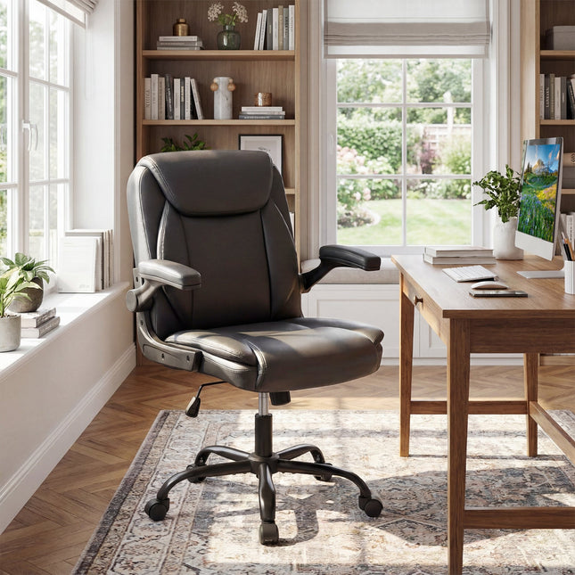 Ergonomic Leather Office Chair with Flip-up Armrests and Rocking Function