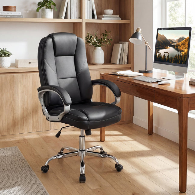 Ergonomic Leather Office Chair with Padded Armrests and Rocking Backrest