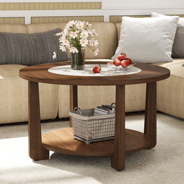 Farmhouse Accent Round Coffee Table with 2-Tone Tabletop and Open Storage Shelf for Living Room-Brown