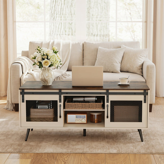 Farmhouse Coffee Table with Sliding Doors and Adjustable Shelf
