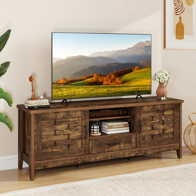 Farmhouse TV Stand for 65 Inch TVs with 2 Woven Accent Doors and 3 Adjustable Shelves