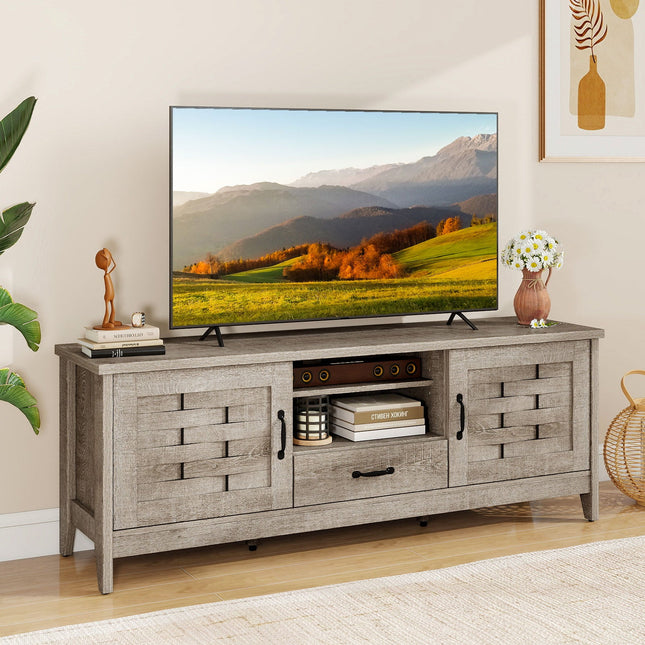 Farmhouse TV Stand for 65 Inch TVs with 2 Woven Accent Doors and 3 Adjustable Shelves