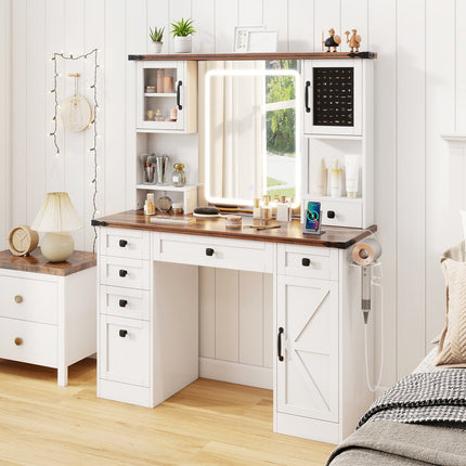 Farmhouse Vanity Desk with Lighted Mirror and 3 Doors-White