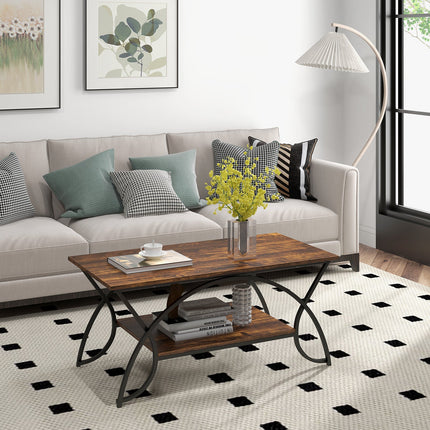 2-Tier Rectangle Coffee Table with Marble Pattern Top
