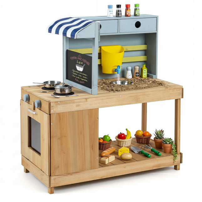 Kids Wooden Mud Kitchen Playset with Canopy and Faucet