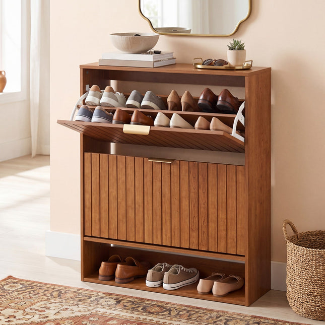 Fluted Shoe Cabinet with 2 Flip Drawers and Open Storage