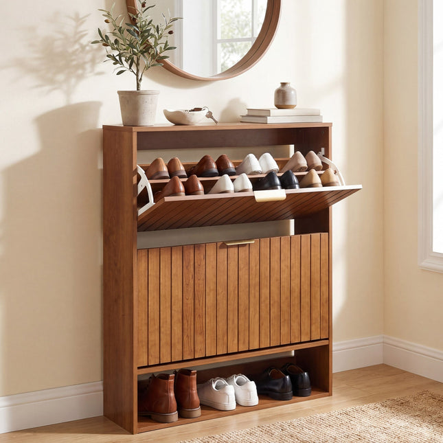 Fluted Shoe Cabinet with 2 Flip Drawers and Open Storage