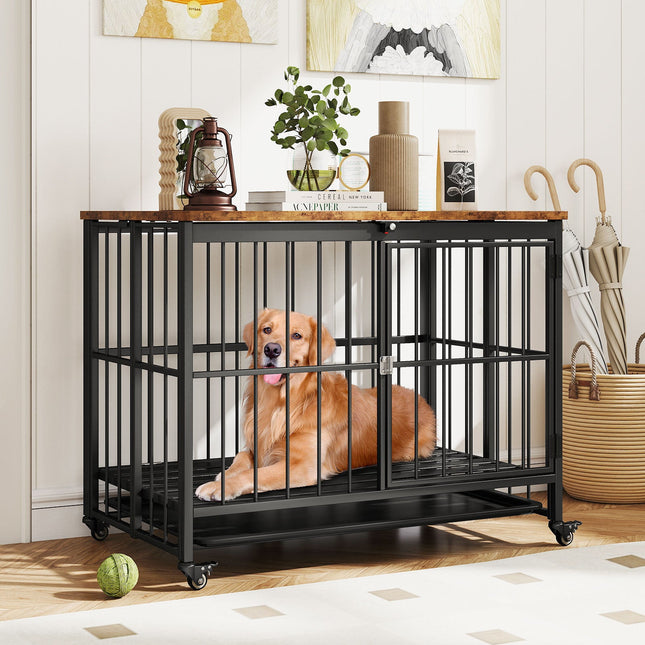 Foldable Dog Crate Furniture with Removable Tray and Lockable Door