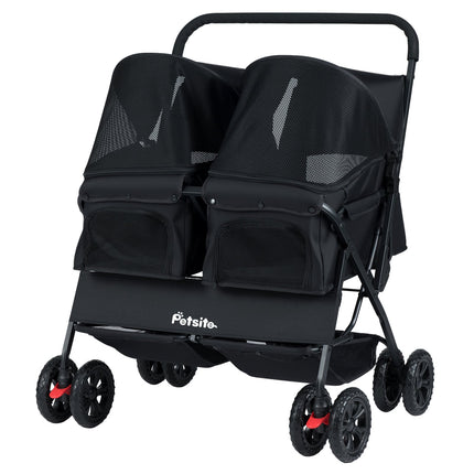 Foldable Double Pet Stroller with Adjustable Sunshade and Storage Basket