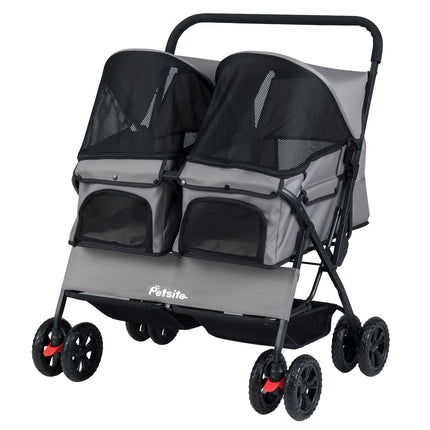 Foldable Double Pet Stroller with Adjustable Sunshade and Storage Basket